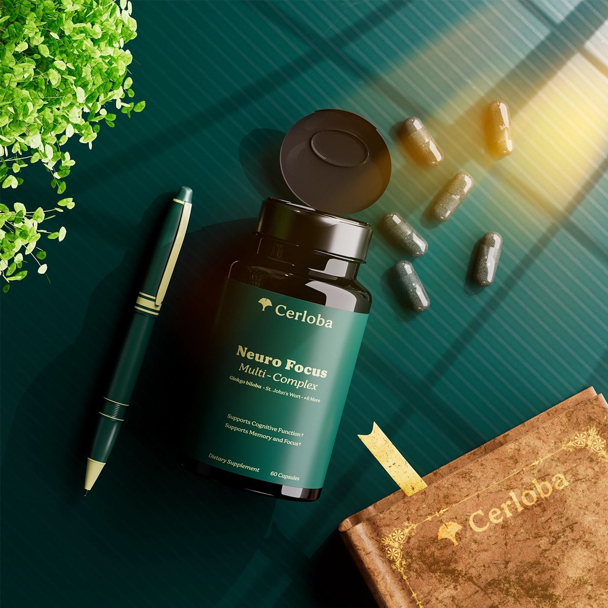 Cerloba supplement label design in deep green and gold