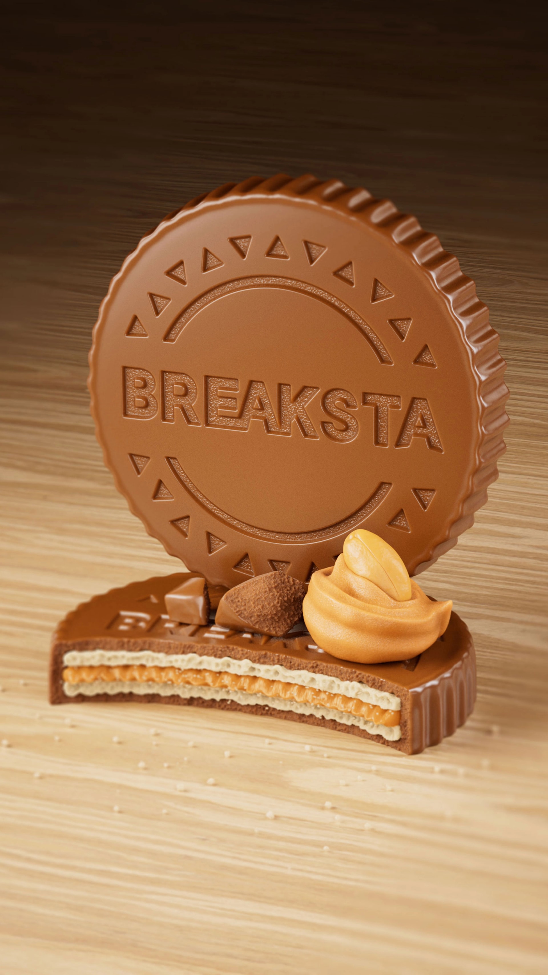 Breaksta chocolate sandwich biscuit 3D product visualization and digital food styling by Bader CGI badercgi